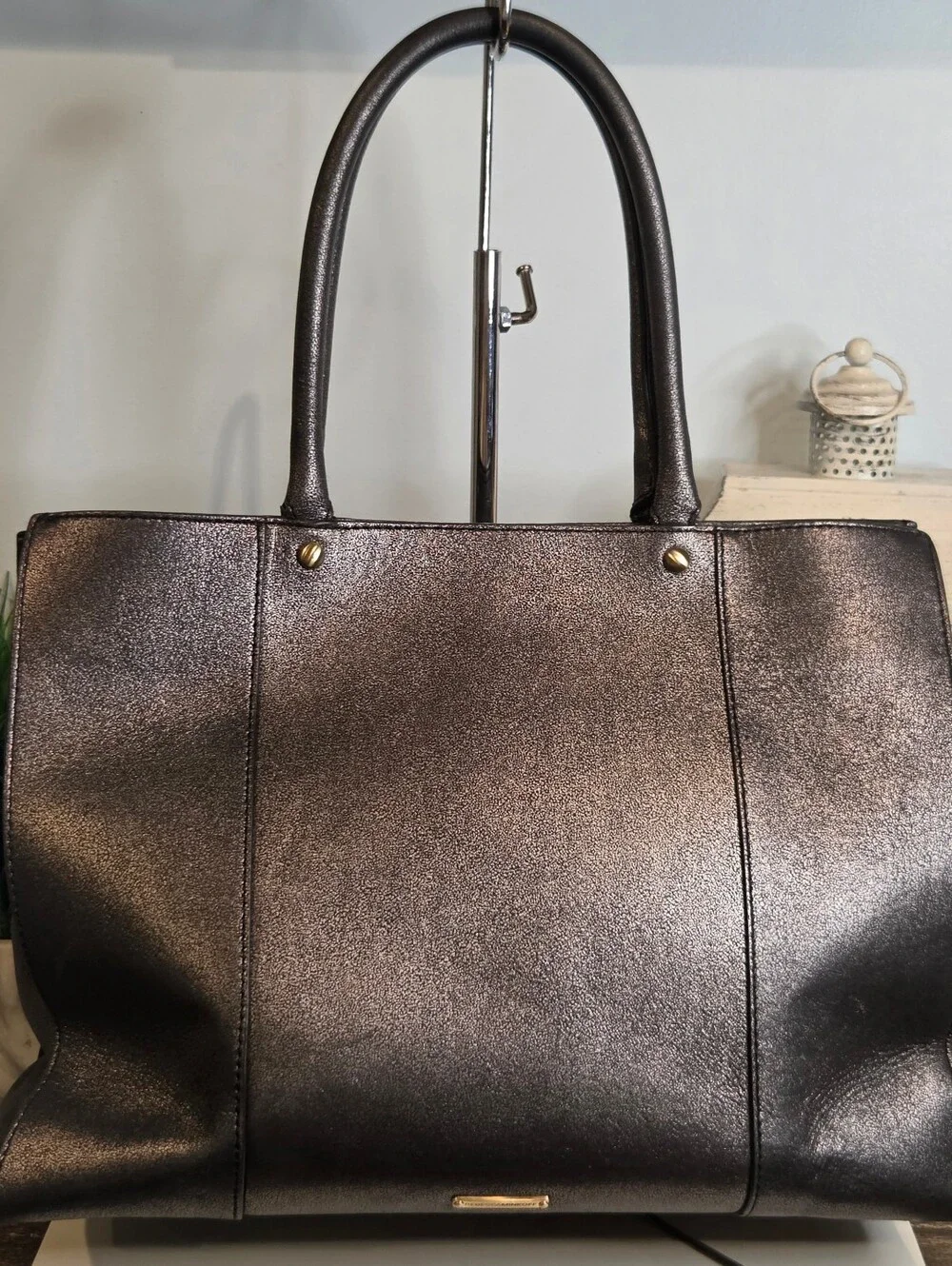 Rebecca Minkoff Medium MAB Tote Metallic Pewter Gunmetal Leather Bag